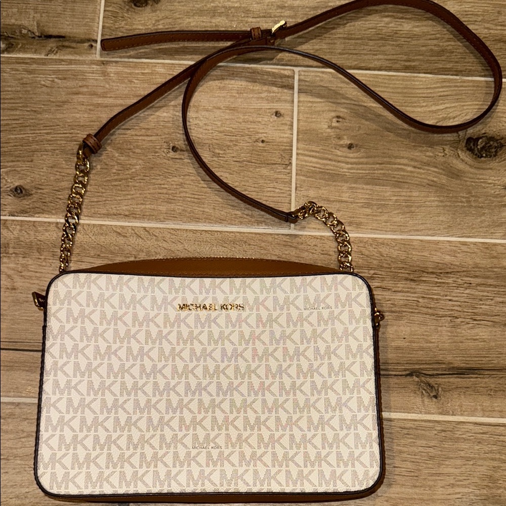 Michael Kors Cream and Brown Crossbody Bag with Gold Hardware